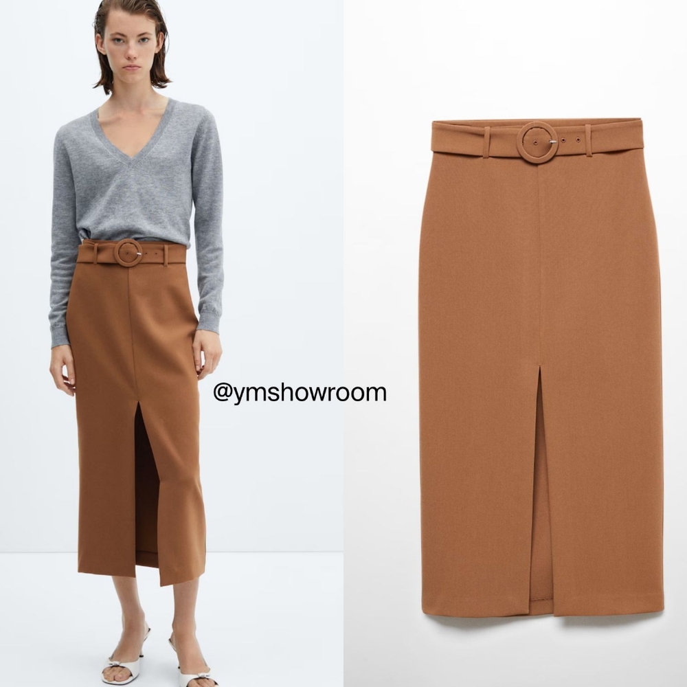 Mango Camel Midi Pencil Skirt with Belt NWT